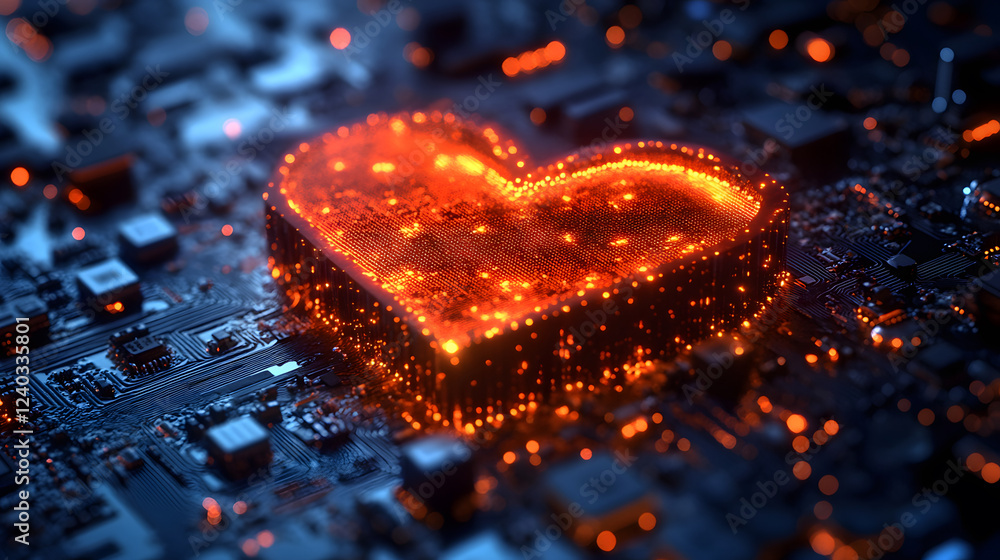 Poster A glowing heart shape is embedded in a dark circuit board, symbolizing the fusion of technology and emotion