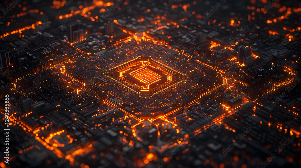 Aufkleber aerial view of a vibrant, illuminated urban area featuring a central structure glowing with warm ora