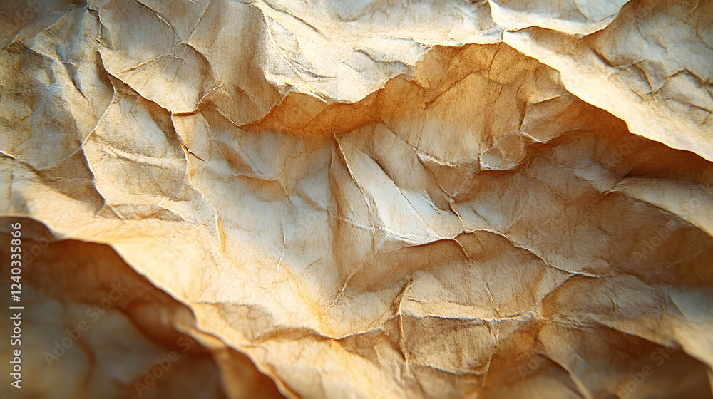 Poster a close-up of crumpled, light brown paper showcasing intricate textures and folds, creating an organ