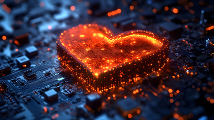 A glowing heart shape is embedded in a dark circuit board, symbolizing the fusion of technology and emotion