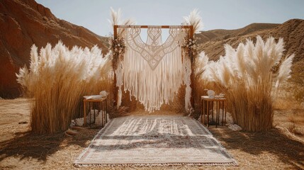 A wedding altar with macram?(C) details, pampas grass, and earthy tones in a desert setting.