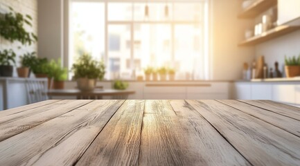 Rustic wooden table, sunlit kitchen backdrop