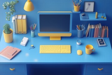 A vibrant blue desk setup featuring a computer, keyboard, and mouse in yellow. Surrounding items include books, stationery, a plant, and a coffee cup, creating a cheerful workspace. 