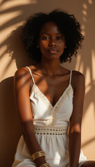 Fototapeta premium A woman in a white summer dress with curly hair sitting in a softly lit studio with warm shadows and natural tones.
