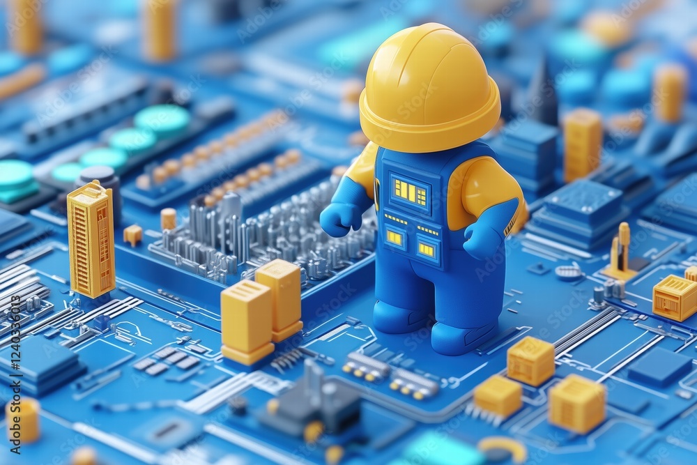 Poster a colorful 3d illustration of a construction worker figure standing on a blue circuit board, surroun