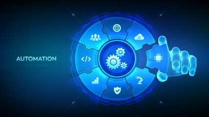 Automation Software. IOT and Automation concept as an innovation, improving productivity in technology. Wireframe hand places an element into a composition visualizing Automation processes. Vector.