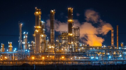 Naklejka premium Nighttime view of an illuminated oil refinery complex under a starry sky, showcasing industrial structures and towering smokestacks emitting illuminated steam.