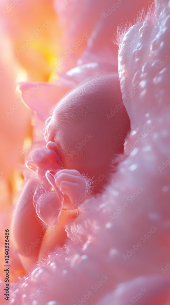 Poster hyperrealistic 8k image of a peacefully sleeping fetus in a maternal belly illuminated by warm pink 