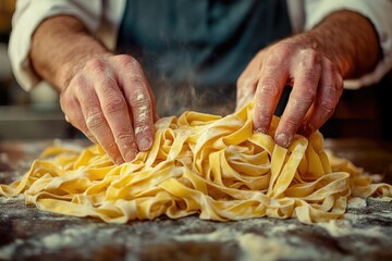 Freshly made pasta, hands gently tossing the golden, flour-dusted noodles.