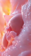Hyperrealistic 8k image of a peacefully sleeping fetus in a maternal belly illuminated by warm pink light capturing intricate details like tiny fingers and delicate eyelashes