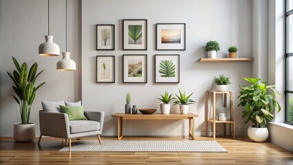 Modern Minimalist Living Room Interior with Greenery and Artwork
