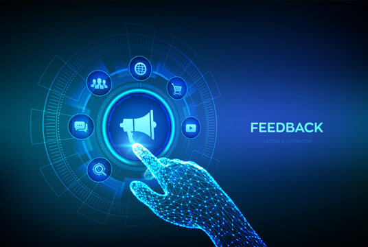 Feedback. Customer satisfaction concept on virtual screen. Quality Opinion. Rating service online. Review testimonials. Robotic hand touching digital interface. Vector illustration.