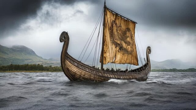 A viking longboat sailing on a stormy sea