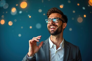 Young man with glasses and beard laughing joyfully in business suit, celebrating success or achievement, professional indoor setting with blurred warm bokeh lights background for corporate or festive