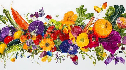 Fresh colorful garden blooms, vegetables art