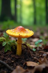 Fototapeta premium Chanterelle mushroom growing through leaf litter, forest floor, mushrooms, trees