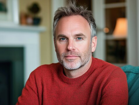 Cozy Middle-Aged Man Relaxing on Sofa in Warm Natural Light