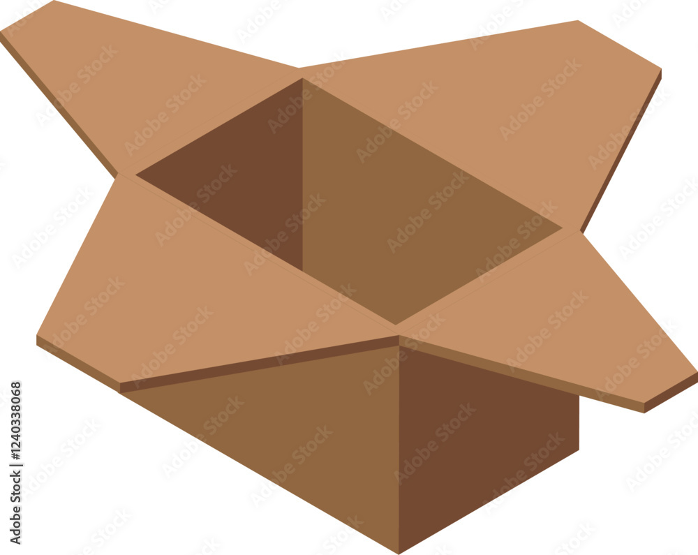 Poster empty open cardboard box with flaps extending outward, ready for packaging and shipping