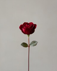 Fototapeta premium Contemporary Valentines Day Minimalism Single Red Rose with Heart-Shaped Leaves - Romantic Decor and Mothers Day Styling for Modern Love Celebrations
