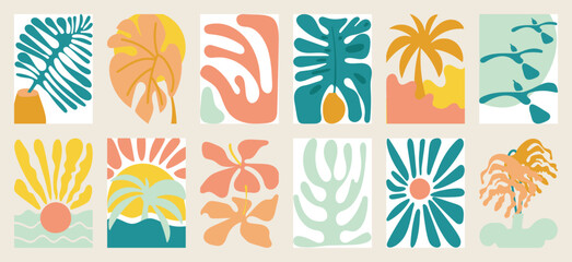 Summer botanical doodle background art vector set. Hibiscus flower, coconut tree, monstera leaf, sea. Abstract shape doodle art design for print, wallpaper, clipart, wall art for home decoration.