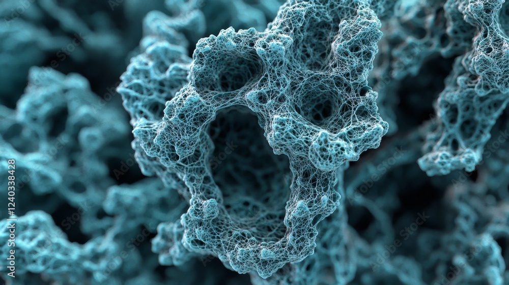 Poster abstract close-up of intricate cellular structure in shades of blue and teal with fine details and t
