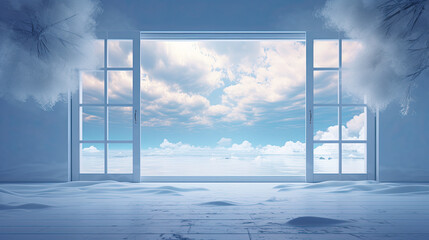 Dreamlike Room with Open Door to a Cloudy Sky