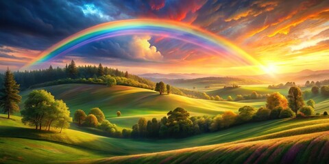 Obraz premium Serene Sunset Landscape with Vibrant Rainbow Arcing Over Rolling Green Hills and Lush Foliage