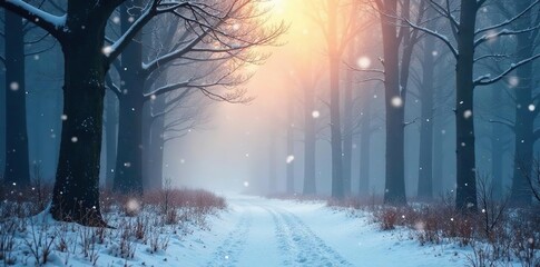 Foggy forest with falling snowflakes and misty atmosphere, peaceful, winter, mist