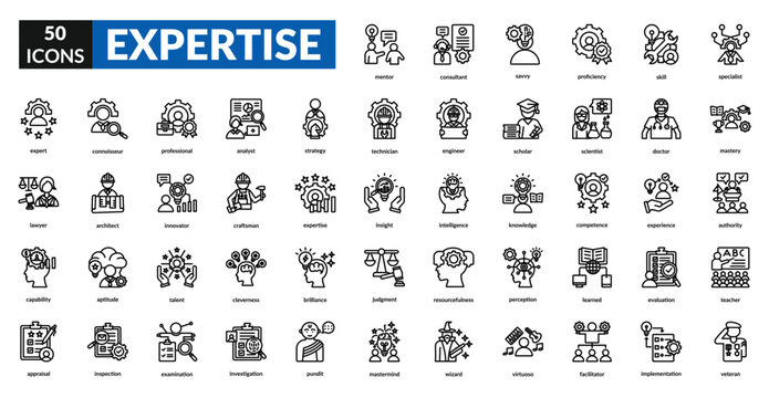 Expertise line icon set collection. Analyst, knowledge, veteran, mastery, professional, skill, experience, proficiency, talent, ability, competence, specialist, expert