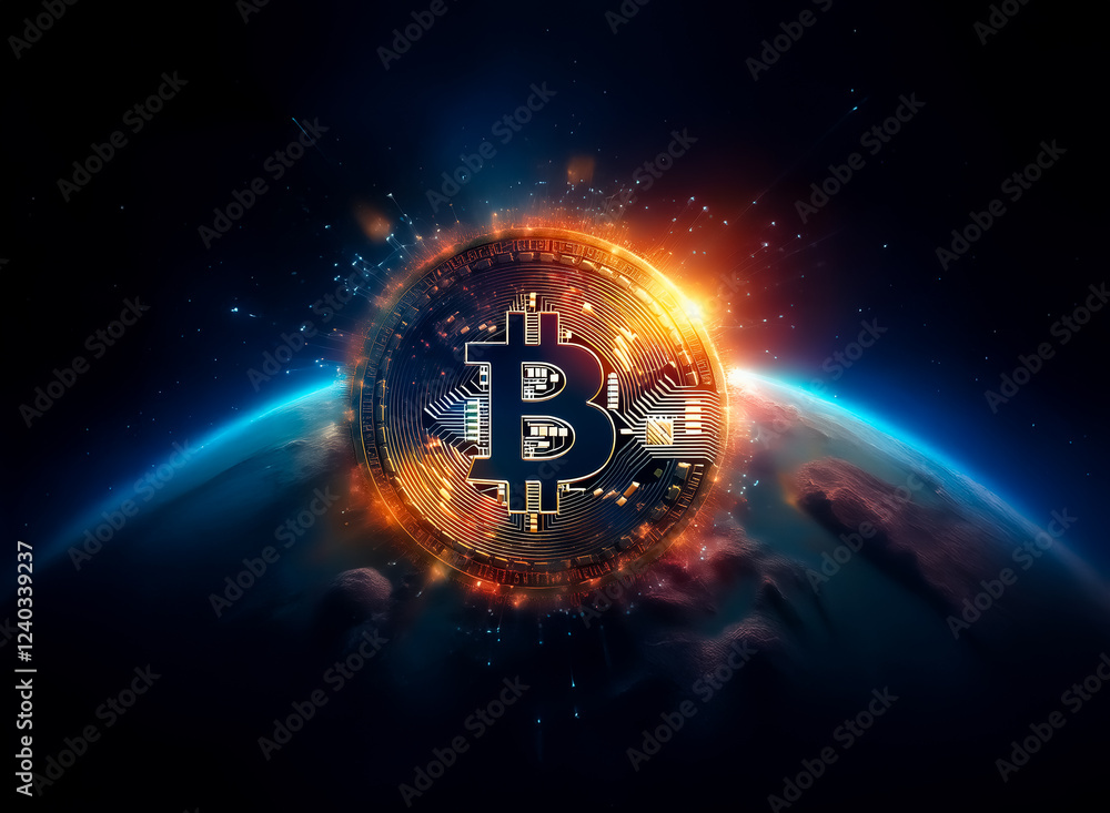 Poster a glowing bitcoin symbol explodes over a planet earth, representing cryptocurrency's global impact a