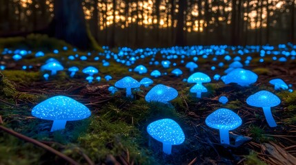 Glowing Blue Mushrooms in Enchanted Forest