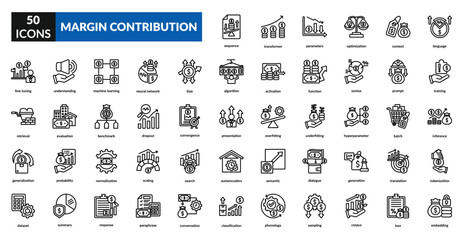 Margin contribution line icon set collection. budgeting, price, financial planning, cost, analysis, report, growth, investment, money, expenses, pricing, value