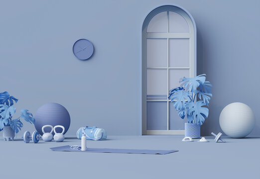 Sport fitness equipment, yoga mat, Kettlebell, dumbbells,plant pot, laptop,window, door on pastel blue background. Trendy 3d render for fitness, lifting in the gym, gym at home