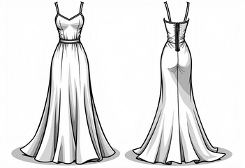 Women's Strap Flare Maxi Dress Technical Flat Sketch: Low Neckline, Back Zipper, Sleeveless Template, Front & Back Views, White Color, CAD Mockup Included.
