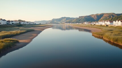 Fototapeta premium Coastal River at Dawn, Houses & Hills