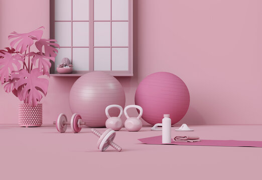 Sport fitness equipment, yoga mat, Kettlebell, dumbbells,plant pot, laptop,window, door on pastel pink background. Trendy 3d render for fitness, lifting in the gym, gym at home