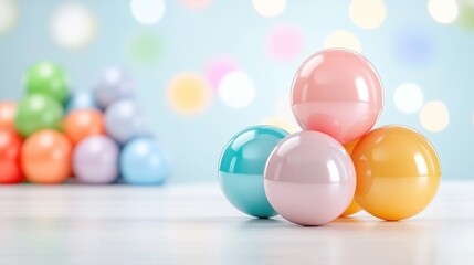 Naklejka premium Colorful balls stacked on table, bokeh background, playful design