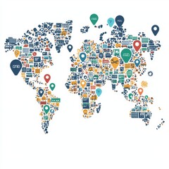 Colorful World Map with Icons Representing Various Aspects of Global Life and Business Activities