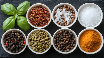 Assorted Spices and Herbs in White Bowls, Culinary Photography