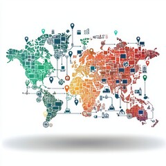 Obraz premium Colorful Geometric World Map with Icons Representing Technology, Culture, and Infrastructure in a Modern Design