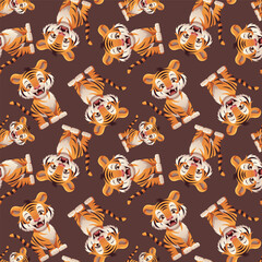 Children cute animals pattern. Tiger childish background. Vector illustration.