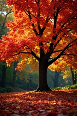 Naklejka premium Oak tree with colorful autumn leaves in the forest, tree, fall