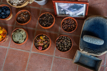 Diferentes insumos para teñir lana de forma artesanal en Teotitlan Oaxaca, méxico