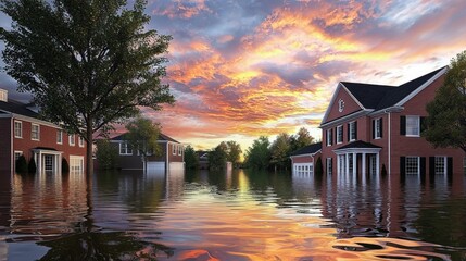 Obraz premium Serene yet Devastating View of a Residential Area Submerged in Floodwaters Under a Vibrant Sunset Sky