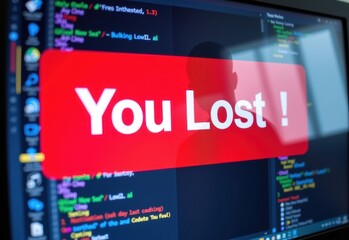 A man figure stares intently at a computer screen displaying a stark red "You Lost" message amidst lines of code, evoking a sense of tension and potential defeat in a cyber-security scenario.
