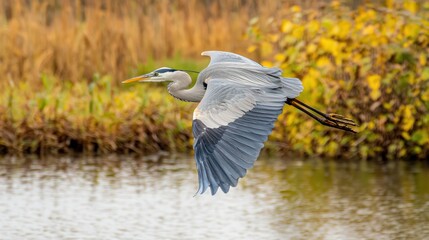 Heron in flight over a marshland, its long legs trailing behind.