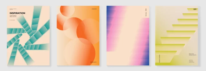 Modern gradient poster background vector set. Minimalist cover template with vibrant perspective geometric prism shapes in motion. Ideal design for social media, cover, banner, flyer.
