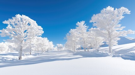 Obraz premium Snow-covered trees, winter landscape, clear sky, mountain background, winter wonderland travel photography