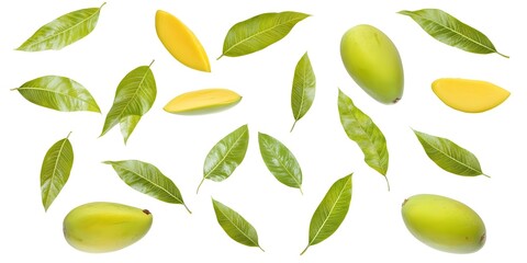 Fresh Green Mangoes with Leaves Floating Design