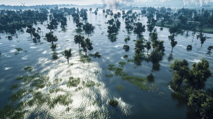 Aerial View of Serene Flooded Landscape with Lush Green Trees Under Bright Sky